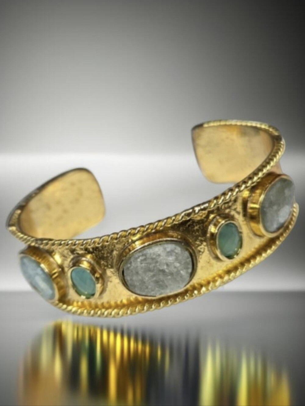 18k Gold Plated Artisan Byzantine Genuine Amazonite Raw Crystal Cuff Bracelet